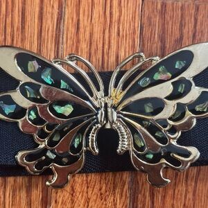 Vintage 1970’s Butterfly Abalone Shell Inlay Gold Tone Black Enamel Belt Buckle